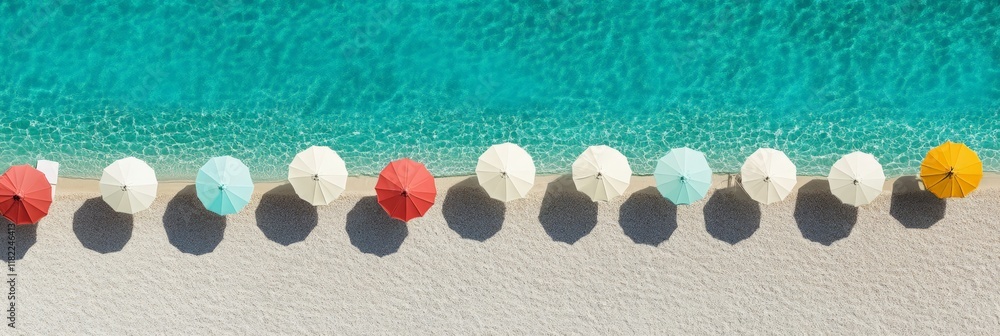 Poster aerial view captures the beauty of a pristine white sand beach meeting turquoise waters, with a row 