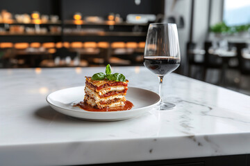 Modern Lasagna Redefined Layered Elegance with Artistic Drizzles in Contemporary Ambiance