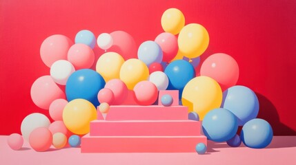 Minimalist stage with colorful balloons in pastel hues on a vibrant pink background, perfect for festive displays.