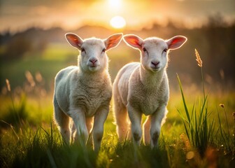 Obraz premium Two Lambs Huddled Together in a Verdant Field - Peaceful Rural Scene