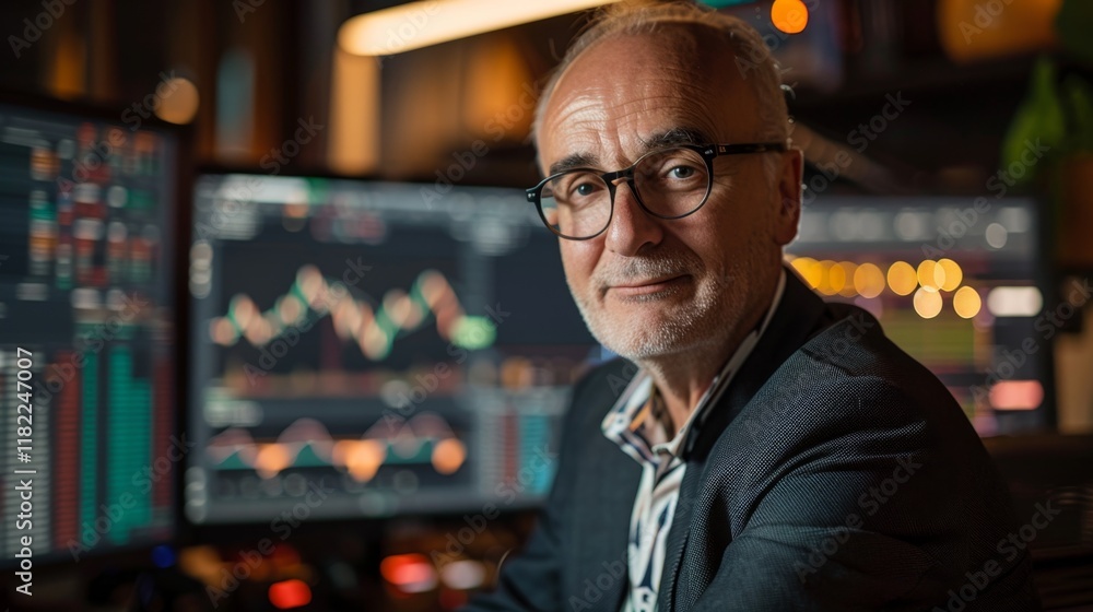 Poster experienced trader analyzing stock market trends in a modern office setting near evening