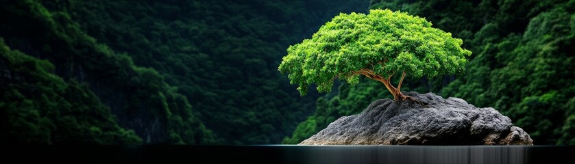 Solitude in the Wilderness: A solitary tree, vibrant with life, stands majestically on a rocky islet in the midst of a tranquil, verdant forest. The serene water reflects the surrounding greenery.