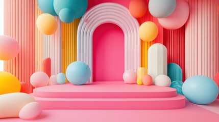 Minimalist stage with colorful balloons in pastel hues on a vibrant pink background, perfect for festive displays.