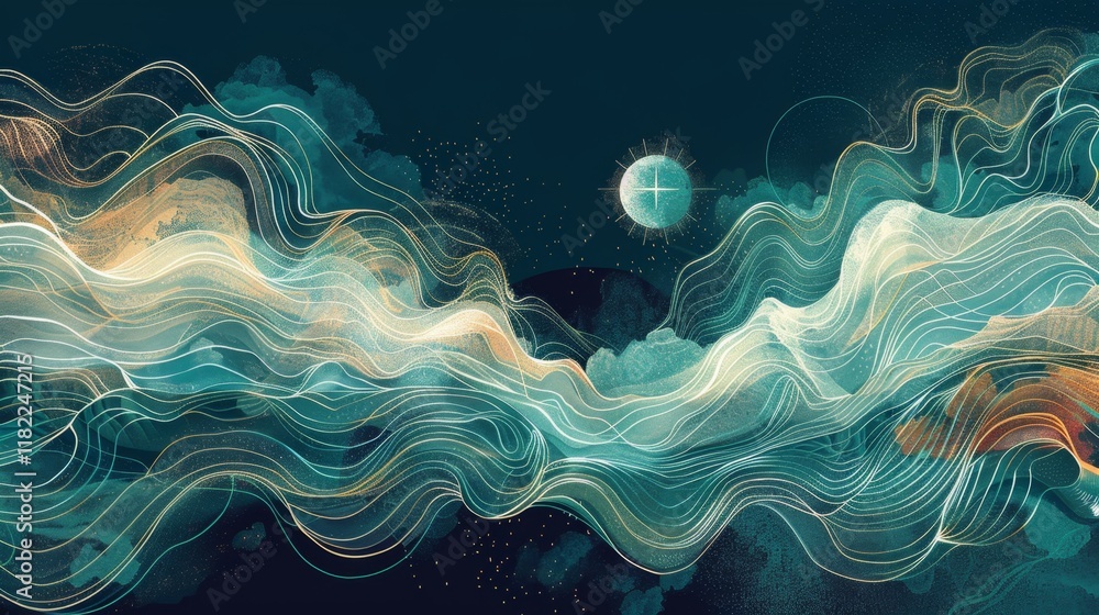 Poster fluid patterns of abstract waves and light create a serene atmosphere in a nighttime setting