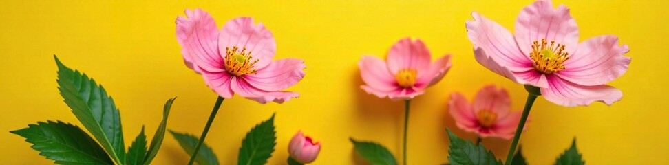 Naklejka premium intricate details of pink flower texture and veins against a bright yellow background with lush green foliage, petals, foliage, detail