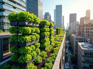 Urban rooftop garden showcases vibrant greenery in a bustling city skyline during late afternoon light