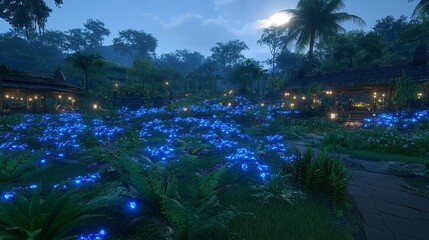 Obraz premium Nightfall Garden Scene with Illuminated Blue Flowers and Pavilions