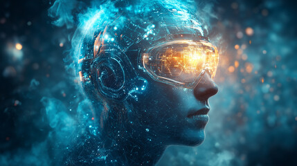 Future concept of virtual reality, a person wearing AR glasses