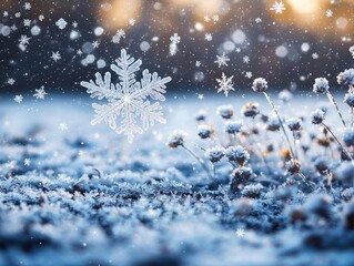 Winter Wonderland Macro Snowflake and Frosty Plants, Bokeh Background, Snow Scene, Winter, Snowflakes Winter Photography, Frosty Plants