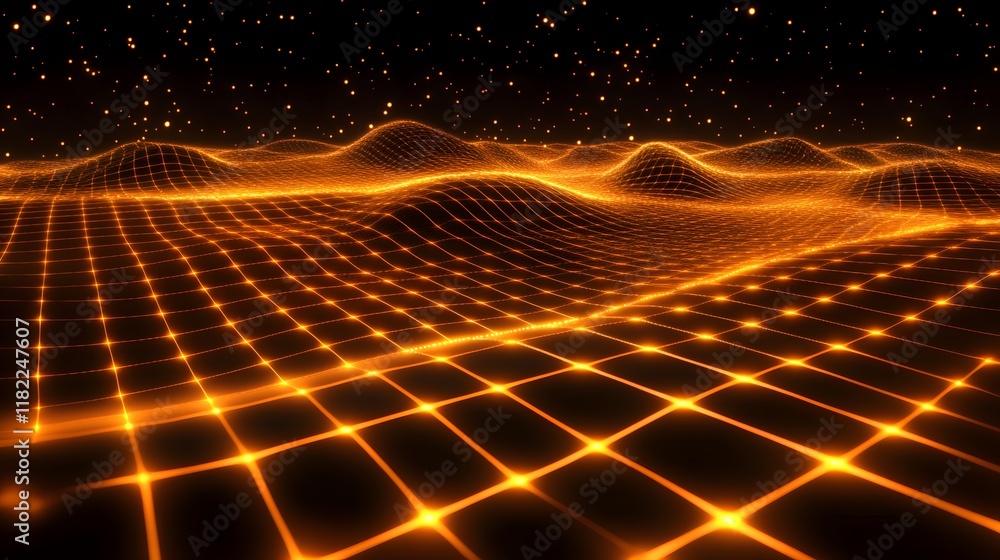 Poster exploring digital landscapes abstract golden grid patterns in cosmic space futuristic visual art hig