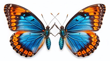 Fototapeta premium Two Vibrant Blue Butterflies with Black & Orange Markings on White Background - Stock Photo