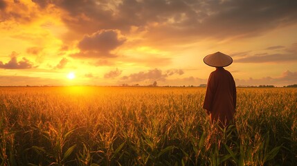Fototapeta premium Farmer in traditional hat standing quietly in soybean field under sunset sky
