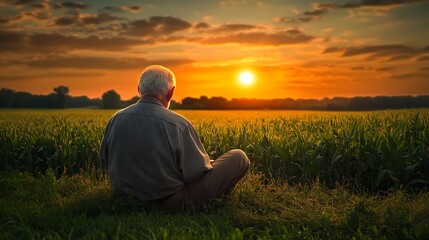 Back view of elderly farmer reflecting in soybean field at sunset