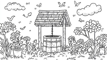 Wishing well garden springtime illustration, birds flying, flowers blooming, coloring book page