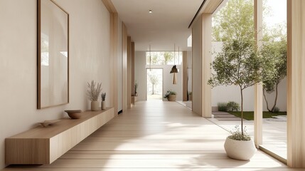 Fototapeta premium Minimalist hallway, warm natural light, wooden floor, white walls, round pendant light, potted olive tree, modern furniture, beige tones, tranquil atmosphere, Japanese inspired design, clean lines, sp