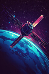 Obraz premium A stylized satellite orbiting Earth against a vibrant cosmic background.