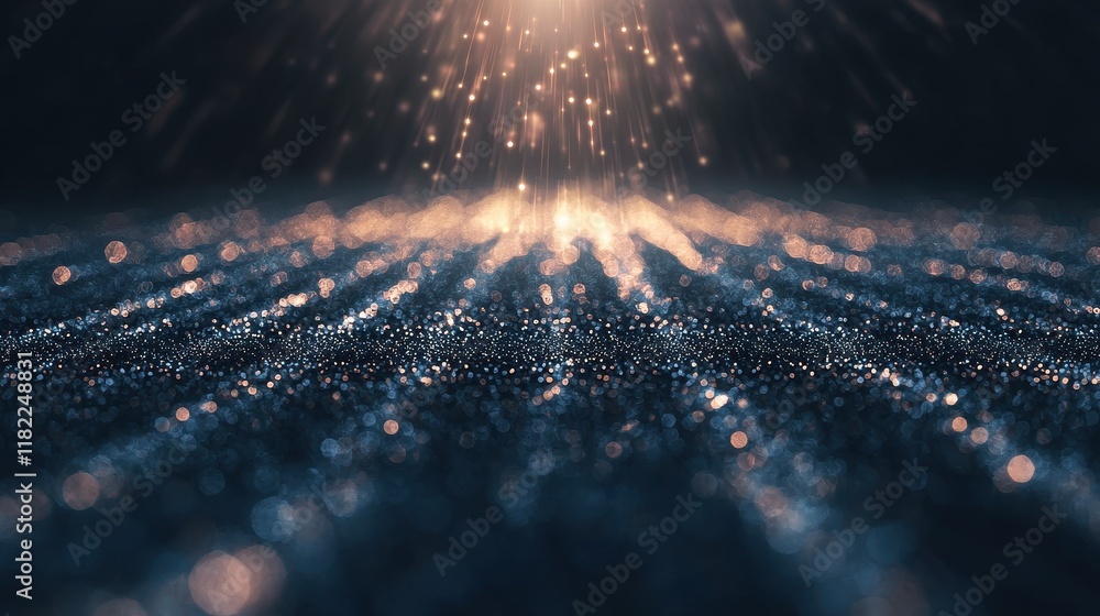 Poster sparkling light rays on dark surface with particles