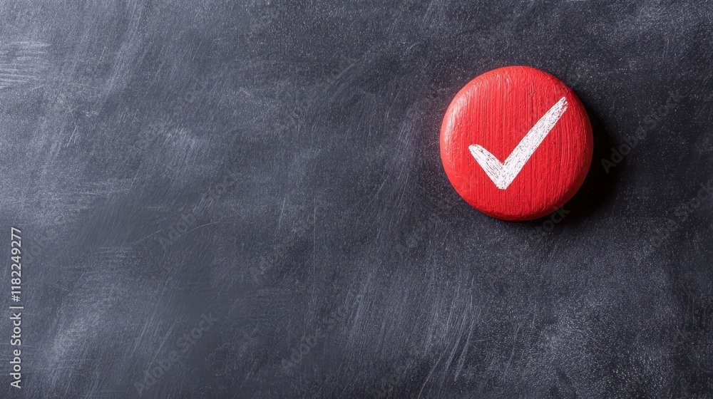 Poster red circular button with white check mark on slate