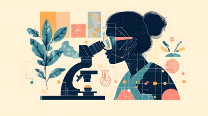 A flat vector illustration of a female scientist looking through a microscope, with simple shapes and icons