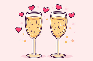 Valentine's Day Champagne Glasses with Heart-Shape, vector, illustration