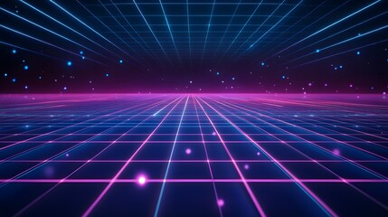Dynamic neon grid visualization digital space 3d graphics cyber environment wide angle futuristic concept