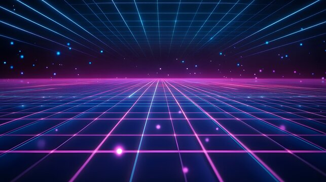 Dynamic neon grid visualization digital space 3d graphics cyber environment wide angle futuristic concept