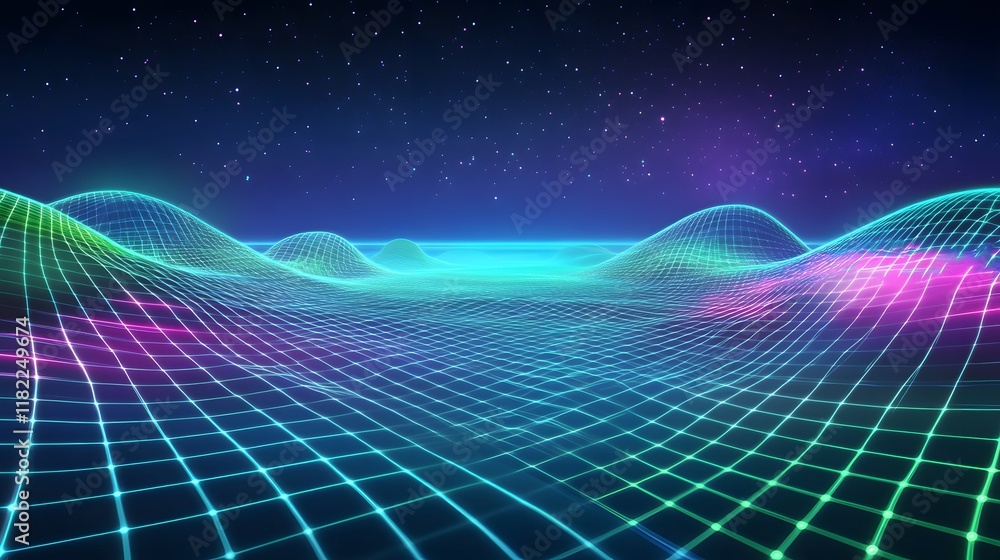 Poster dynamic neon wave animation digital landscape 3d graphics virtual environment futuristic view creati