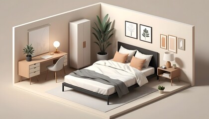 Minimalist Bedroom Isometric Illustration