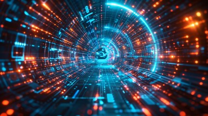 Vibrant digital tunnel with futuristic lights and patterns conveying movement and energy
