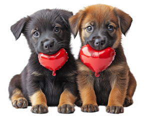 Two adorable puppies holding red heart-shaped balloons, sitting calmly, love theme, transparent background, ideal for Valentine's Day concept