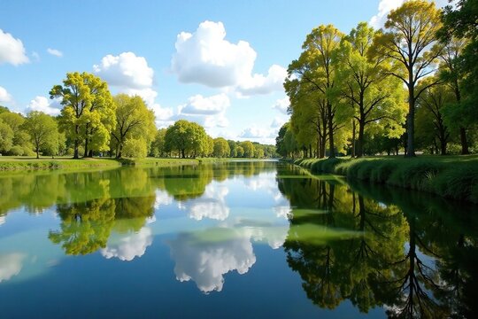 Reflections of trees and sky in the calm surface of Alphen aan den Rijn water lake, tree reflections, lake reflection