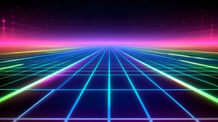 Vibrant neon grid landscape digital realm graphic art futuristic environment wide view retro aesthetic