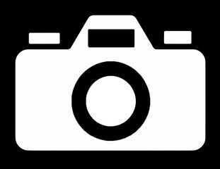 Icono sencillo de una cámara de fotos blanca sobre fondo negro