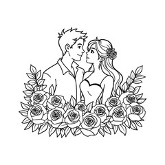 Romantic Couple in Vintage Style Surrounded by Roses and Leaves Outline Art