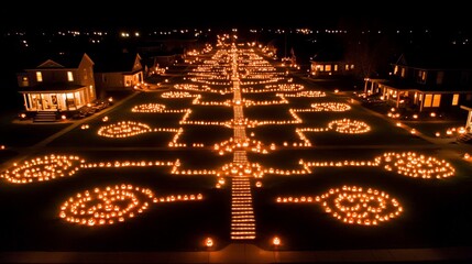 Nighttime Pumpkin Lantern Display Aerial View Suburban Street