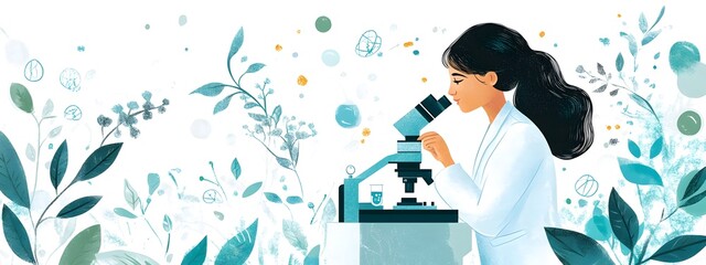A flat vector illustration of a female scientist looking through a microscope, with simple shapes and icons