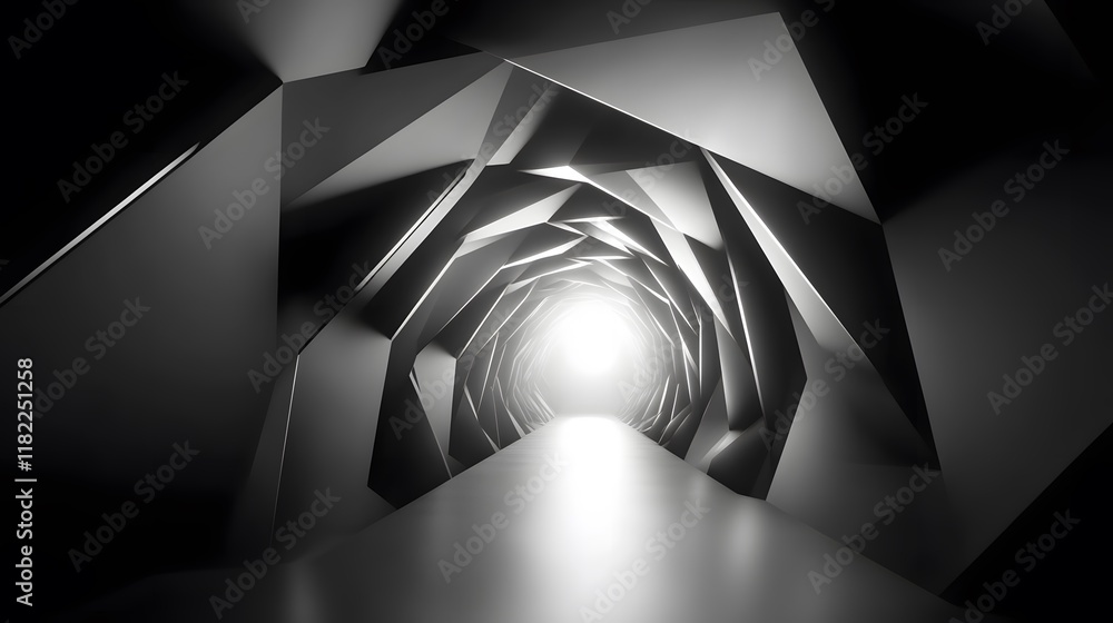 Poster exploring abstract geometric patterns in a futuristic tunnel digital art monochrome environment arti