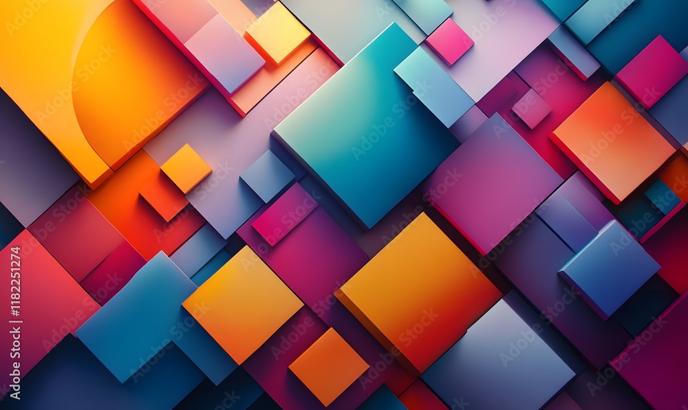 Poster a 3d abstract scene with layered geometric shapes in vibrant gradients