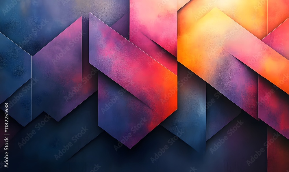 Poster a 3d abstract scene with layered geometric shapes in vibrant gradients