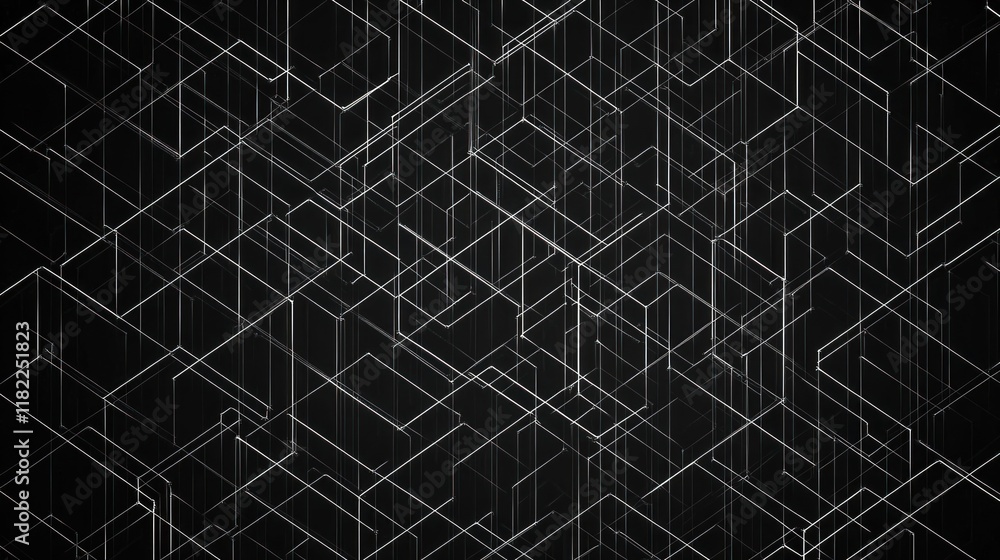 Poster abstract geometric network: interconnected lines and cubes in dark space