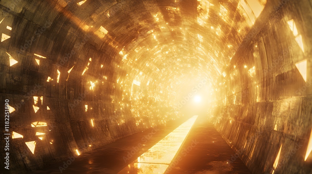 Poster illuminating journey through a golden tunnel futuristic setting digital artwork abstract environment