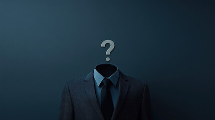 A tailored suit without a head stands against a deep blue background. A question mark hovers where the head should be, creating an intriguing and surreal effect.