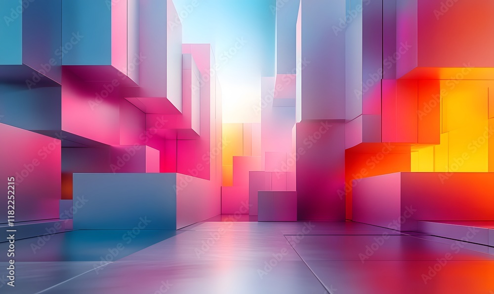 Poster a 3d abstract scene with layered geometric shapes in vibrant gradients