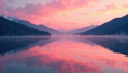 Fototapeta premium Soft pink and orange tones softly reflected in the calm waters of a serene lake, lake ripples, serene lakes, sunset colors