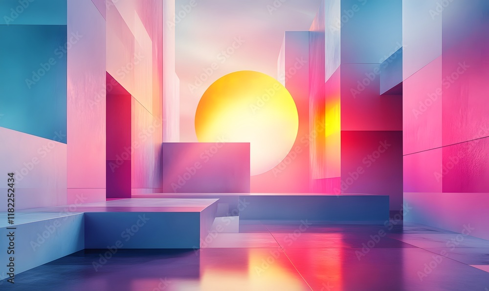 Poster a 3d abstract scene with layered geometric shapes in vibrant gradients
