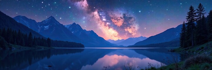 Fototapeta premium Starry mountainside with a calm lake and forest, forest, atmosphere, stars