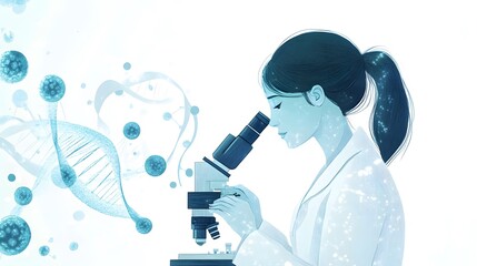 A flat vector illustration of a female scientist looking through a microscope, with simple shapes and icons
