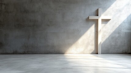 Fototapeta premium Sunlight shines on large white cross in empty concrete room, casting shadows