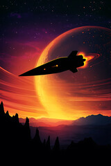 A silhouette of a spaceship against a vibrant cosmic landscape with a large planet.