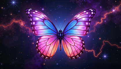 Colorful butterfly with purple and blue wings against a starry background